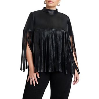 ELOQUII Women's Plus Size Faux Leather Fringe Cape