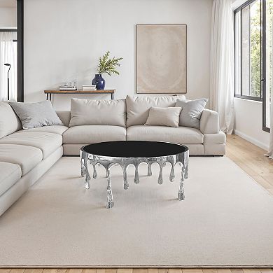 Capri Coffee Table, 36 Inch Round Glass Top, Melting Drip Design, Antique Gold