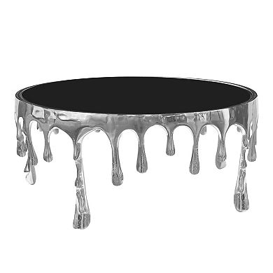 Capri Coffee Table, 36 Inch Round Glass Top, Melting Drip Design, Antique Gold