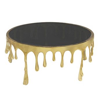 Capri Coffee Table, 36 Inch Round Glass Top, Melting Drip Design, Antique Gold