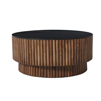 Montoya Coffee Table, 34" Round Black Top, Brown Mango Wood Fluted Plinth Base