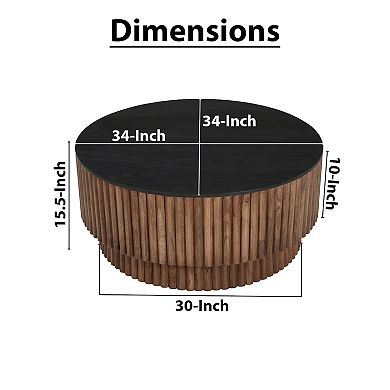 Montoya Coffee Table, 34" Round Black Top, Brown Mango Wood Fluted Plinth Base