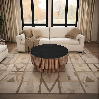 Montoya Coffee Table, 34" Round Black Top, Brown Mango Wood Fluted Plinth Base