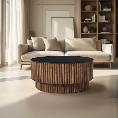 Montoya Coffee Table, 34" Round Black Top, Brown Mango Wood Fluted Plinth Base