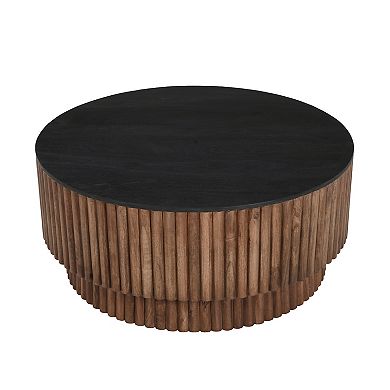 Montoya Coffee Table, 34" Round Black Top, Brown Mango Wood Fluted Plinth Base