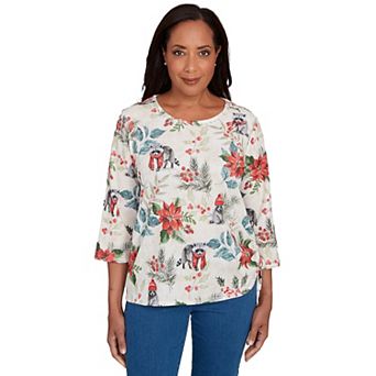Women's Alfred Dunner Holiday Raccoon Poinsettias Graphic Top