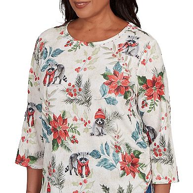 Women's Alfred Dunner Holiday Raccoon Poinsettias Graphic Top