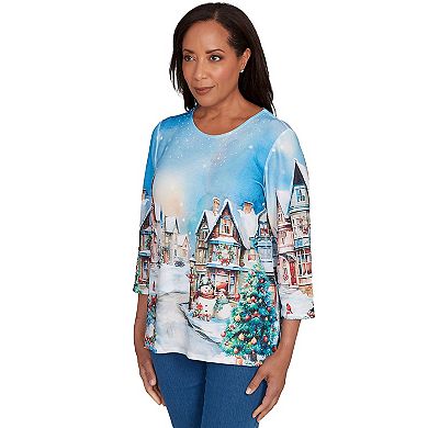 Women's Alfred Dunner Embellished Snow Cabin Village Scene Graphic Top