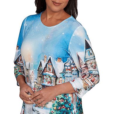 Women's Alfred Dunner Embellished Snow Cabin Village Scene Graphic Top