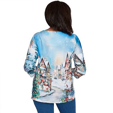Women's Alfred Dunner Embellished Snow Cabin Village Scene Graphic Top
