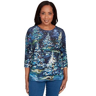Women's Alfred Dunner Starry Night Holiday Tree Top Graphic Tee