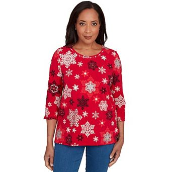Women's Alfred Dunner Embellished Snowflake Pleated Neck Top