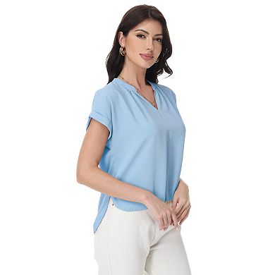 Women's Short Sleeve Blouse with Gathered V-Neckline and Rolled Cuffs
