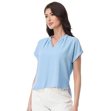 Women's Short Sleeve Blouse with Gathered V-Neckline and Rolled Cuffs