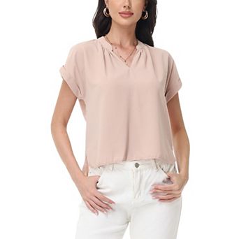 Women's Short Sleeve Blouse with Gathered V-Neckline and Rolled Cuffs