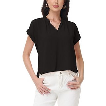Women's Short Sleeve Blouse with Gathered V-Neckline and Rolled Cuffs