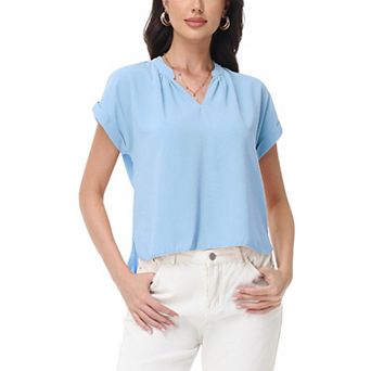 Women's Short Sleeve Blouse with Gathered V-Neckline and Rolled Cuffs