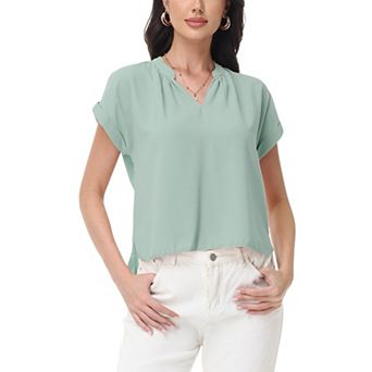 Women's Short Sleeve Blouse with Gathered V-Neckline and Rolled Cuffs