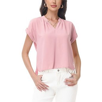 Women's Short Sleeve Blouse with Gathered V-Neckline and Rolled Cuffs