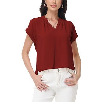 Women's Short Sleeve Blouse with Gathered V-Neckline and Rolled Cuffs