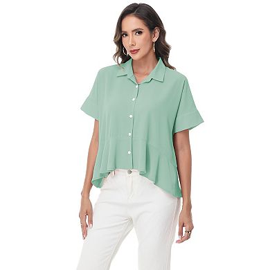 Women's Short Sleeve Button-Up Blouse with Peplum Hem and Classic Collar