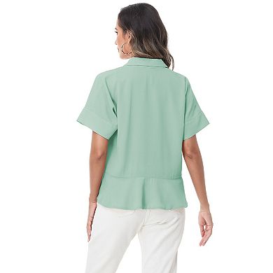 Women's Short Sleeve Button-Up Blouse with Peplum Hem and Classic Collar