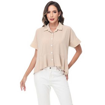 Women's Short Sleeve Button-Up Blouse with Peplum Hem and Classic Collar