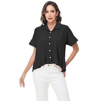 Women's Short Sleeve Button-Up Blouse with Peplum Hem and Classic Collar