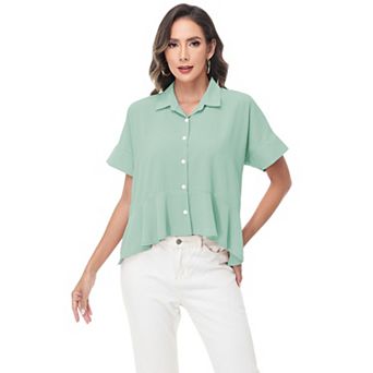 Women's Short Sleeve Button-Up Blouse with Peplum Hem and Classic Collar