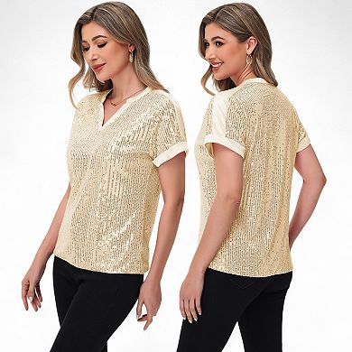 Women's Sequin Short Sleeve Top with Satin Trim V-Neckline and Rolled Cuffs