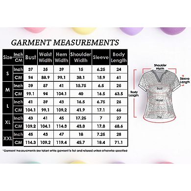 Women's Sequin Short Sleeve Top with Satin Trim V-Neckline and Rolled Cuffs