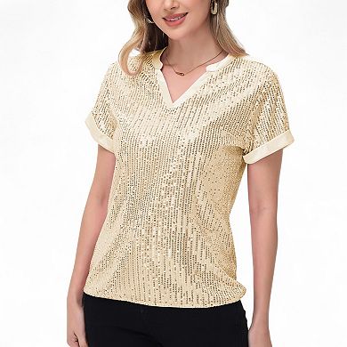 Women's Sequin Short Sleeve Top with Satin Trim V-Neckline and Rolled Cuffs