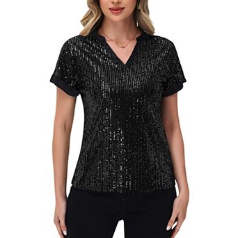 Women's Sequin Short Sleeve Top with Satin Trim V-Neckline and Rolled Cuffs