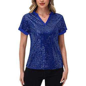 Women's Sequin Short Sleeve Top with Satin Trim V-Neckline and Rolled Cuffs