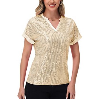Women's Sequin Short Sleeve Top with Satin Trim V-Neckline and Rolled Cuffs
