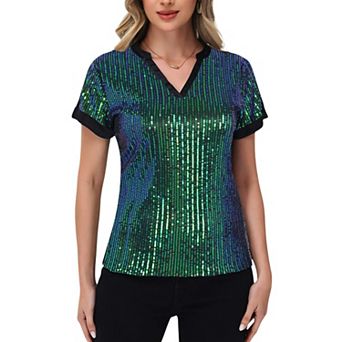 Women's Sequin Short Sleeve Top with Satin Trim V-Neckline and Rolled Cuffs
