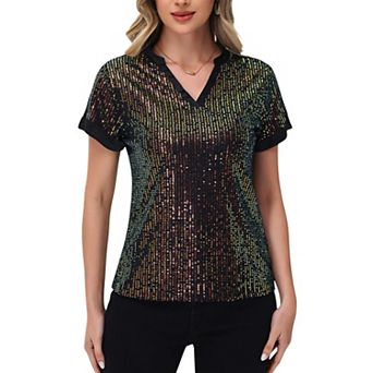 Women's Sequin Short Sleeve Top with Satin Trim V-Neckline and Rolled Cuffs