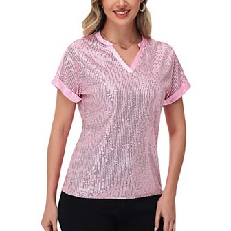 Women's Sequin Short Sleeve Top with Satin Trim V-Neckline and Rolled Cuffs