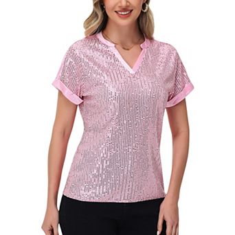 Women's Sequin Short Sleeve Top with Satin Trim V-Neckline and Rolled Cuffs