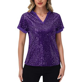 Women's Sequin Short Sleeve Top with Satin Trim V-Neckline and Rolled Cuffs