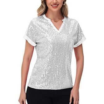 Women's Sequin Short Sleeve Top with Satin Trim V-Neckline and Rolled Cuffs
