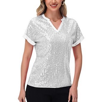 Women's Sequin Short Sleeve Top with Satin Trim V-Neckline and Rolled Cuffs