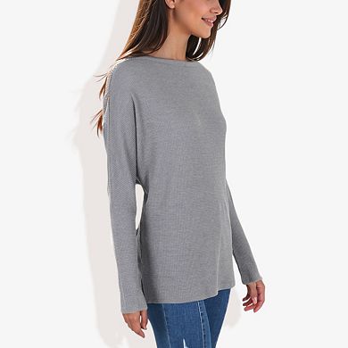 Women's Open Neck Waffle Knit Dolman Sleeve Side Slit Tunic Pullover