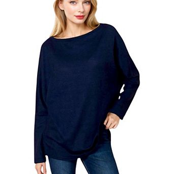 Women's Open Neck Waffle Knit Dolman Sleeve Side Slit Tunic Pullover