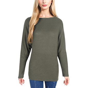 Women's Open Neck Waffle Knit Dolman Sleeve Side Slit Tunic Pullover