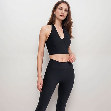 Women's Ribbed Halter Crop Tank Top with Deep V Neckline Seam Detailing