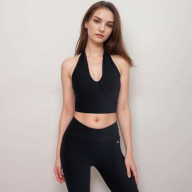 Women's Ribbed Halter Crop Tank Top with Deep V Neckline Seam Detailing