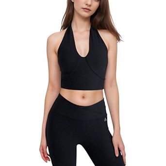 Women's Ribbed Halter Crop Tank Top with Deep V Neckline Seam Detailing