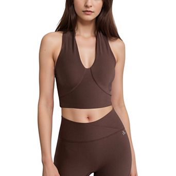 Women's Ribbed Halter Crop Tank Top with Deep V Neckline Seam Detailing