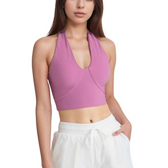 Women's Ribbed Halter Crop Tank Top with Deep V Neckline Seam Detailing